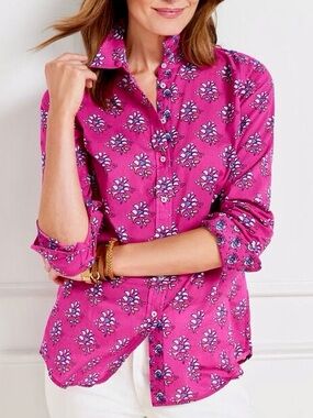 💞TALBOTS Magenta COTTON BUTTON FRONT SHIRT in DITSY HEART Petite